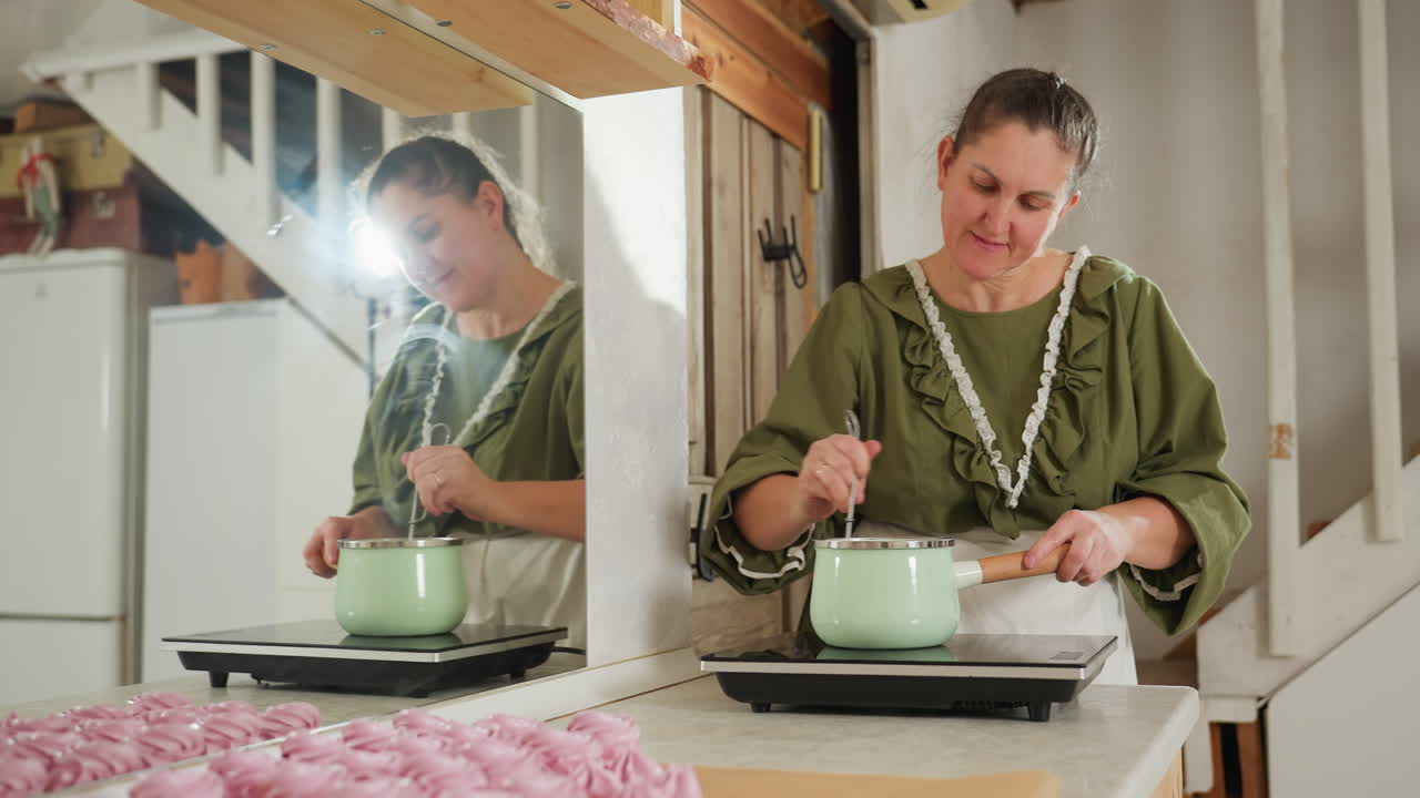 Woman in green dress and apron stirs food in mint green pot on stovetop while her reflection appears clearly in mirror beside her, with swirl cupcakes also arranged nearby