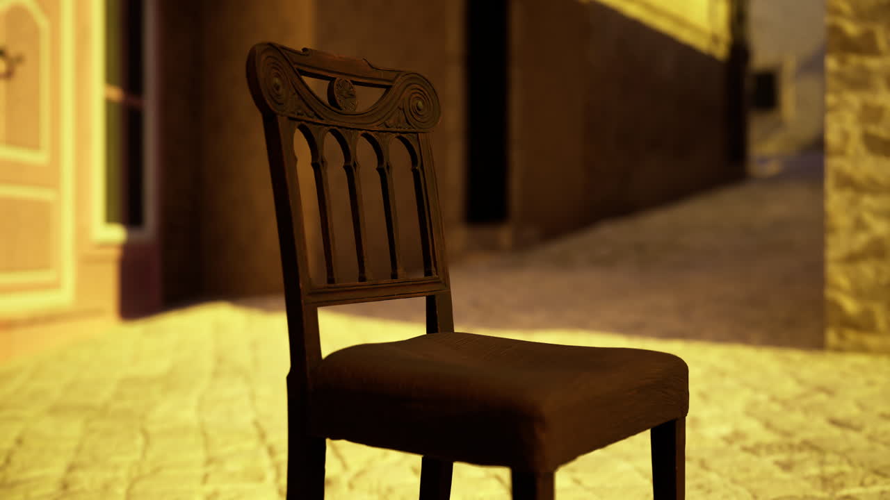 Empty wooden chair in narrow street bathed in warm evening light