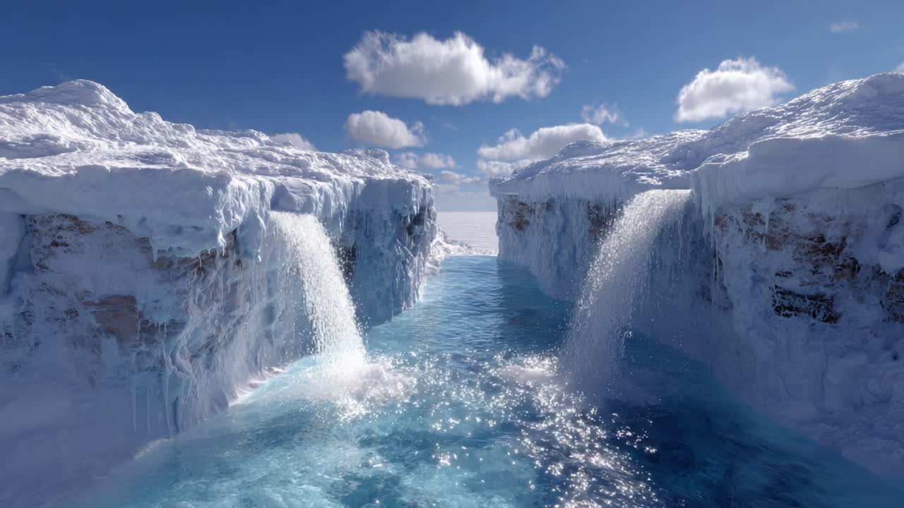Majestic Frozen Landscape with Glacial Waterfalls and Icy Terrain Under Clear Blue Skies, Capturing the Beauty of Untamed Nature's Winter Wonders