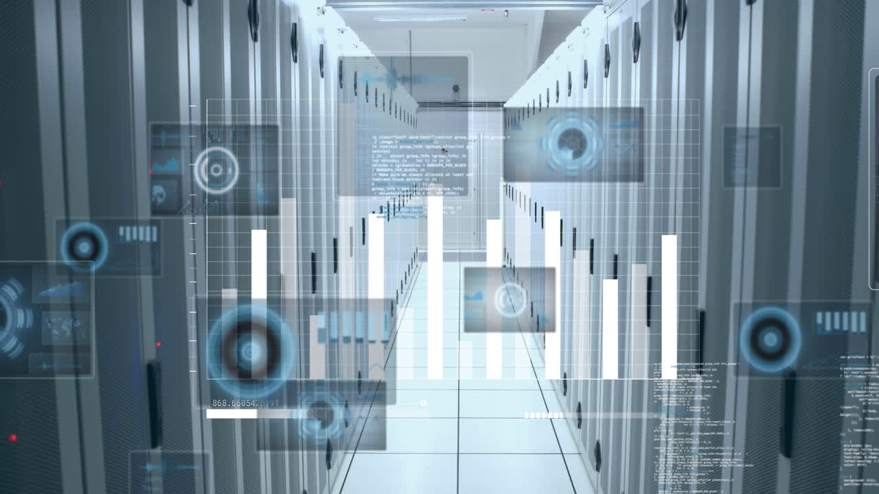 animación de escáneres redondos y procesamiento de datos estadísticos contra la sala de servidores de computadoras