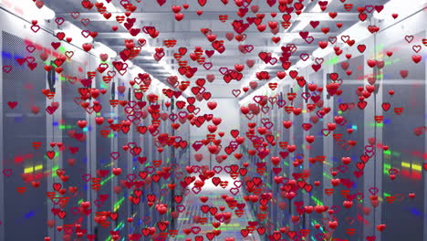 red heart animations floating over rows of servers in data center