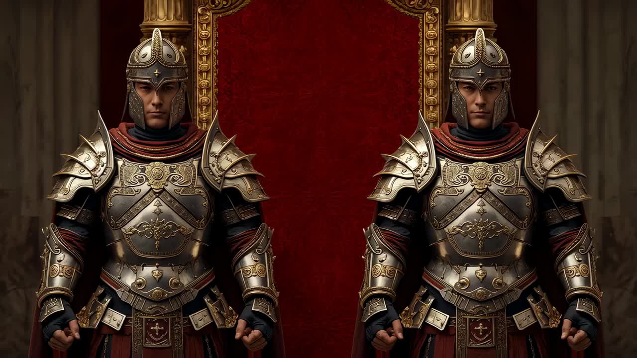 Reacting to camera shift, armored guards making head and eye shifts in throne hall, guarding throne