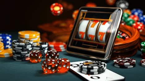 slots and chips at a casino table. colorful poker chips and dice surround a slot machine, creating a lively gambling atmosphere in a casino.