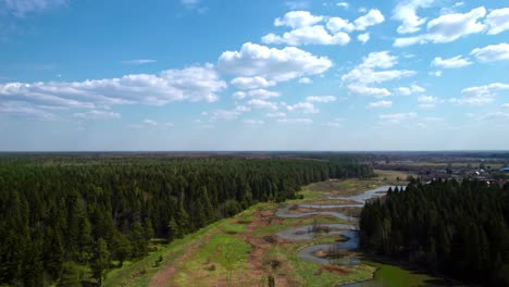 un valle soleado con un bosque de un río sinuoso y casas en la distancia.