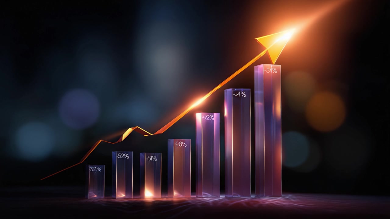 Growth Chart with Increasing Percentages and Upward Trending Arrow Illustrating Progress and Success in Data Visualization with Light Effects