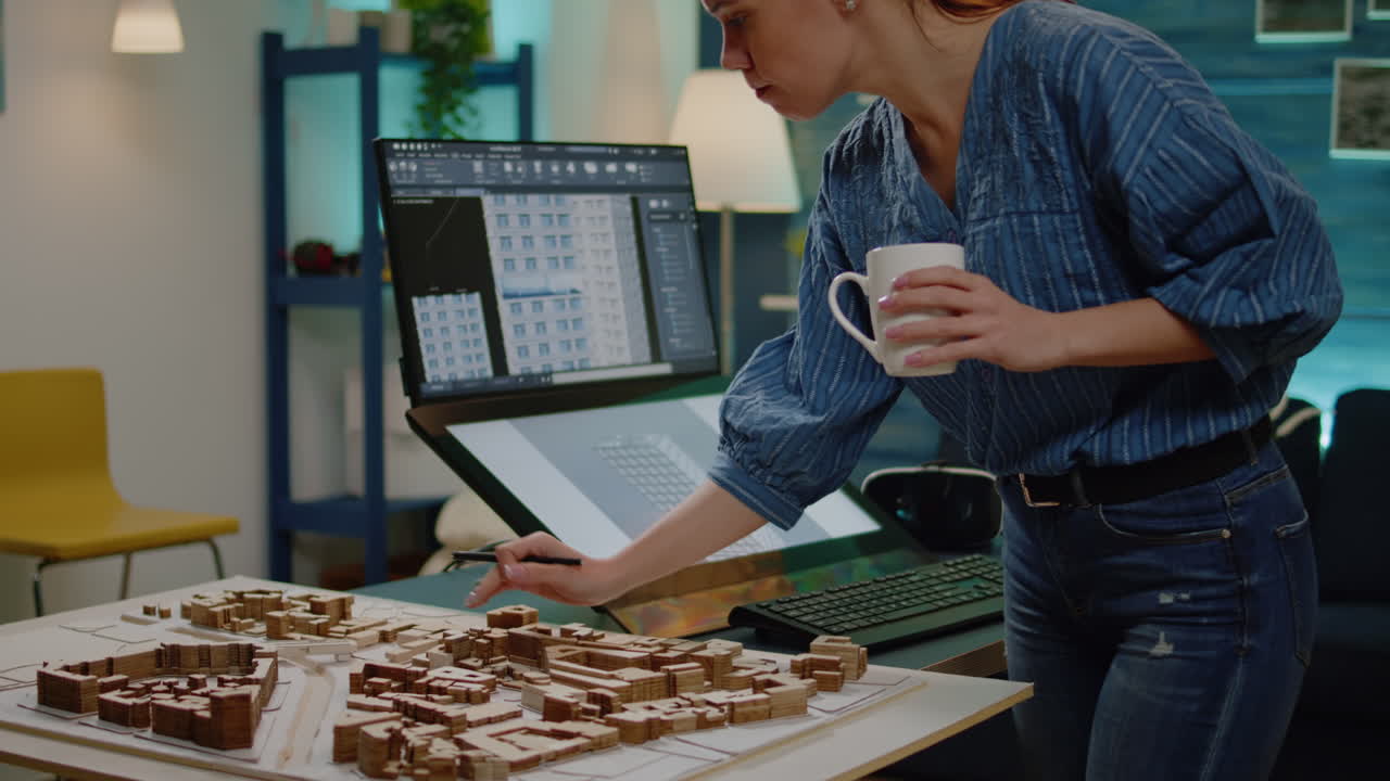 Adult working as architect with maquette and blueprints