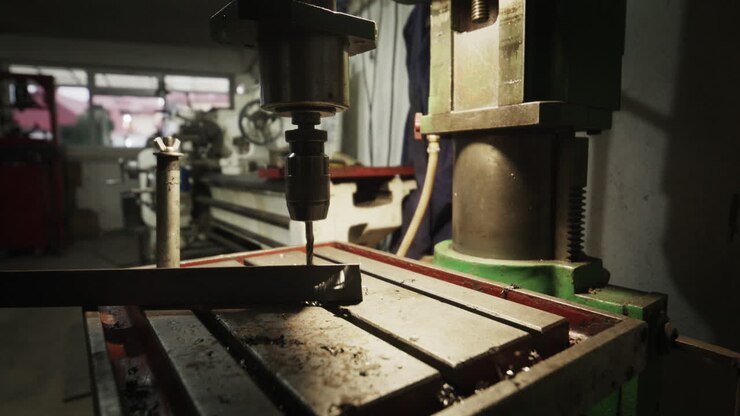 A heavy-duty vertical drill press precisely machines a hole into a steel bar in a dimly lit industrial factory