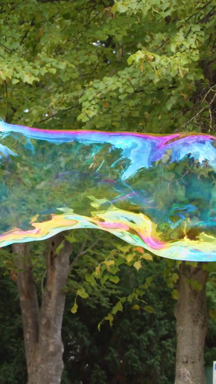 Bolle di sapone giganti e colorate fluttuano attraverso un parco verde lussureggiante durante una soleggiata giornata estiva.
