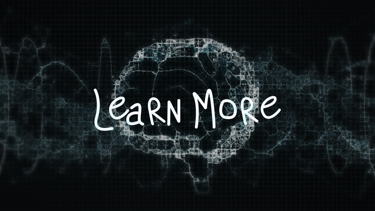 animación de aprender más texto sobre el cerebro digital en fondo negro.