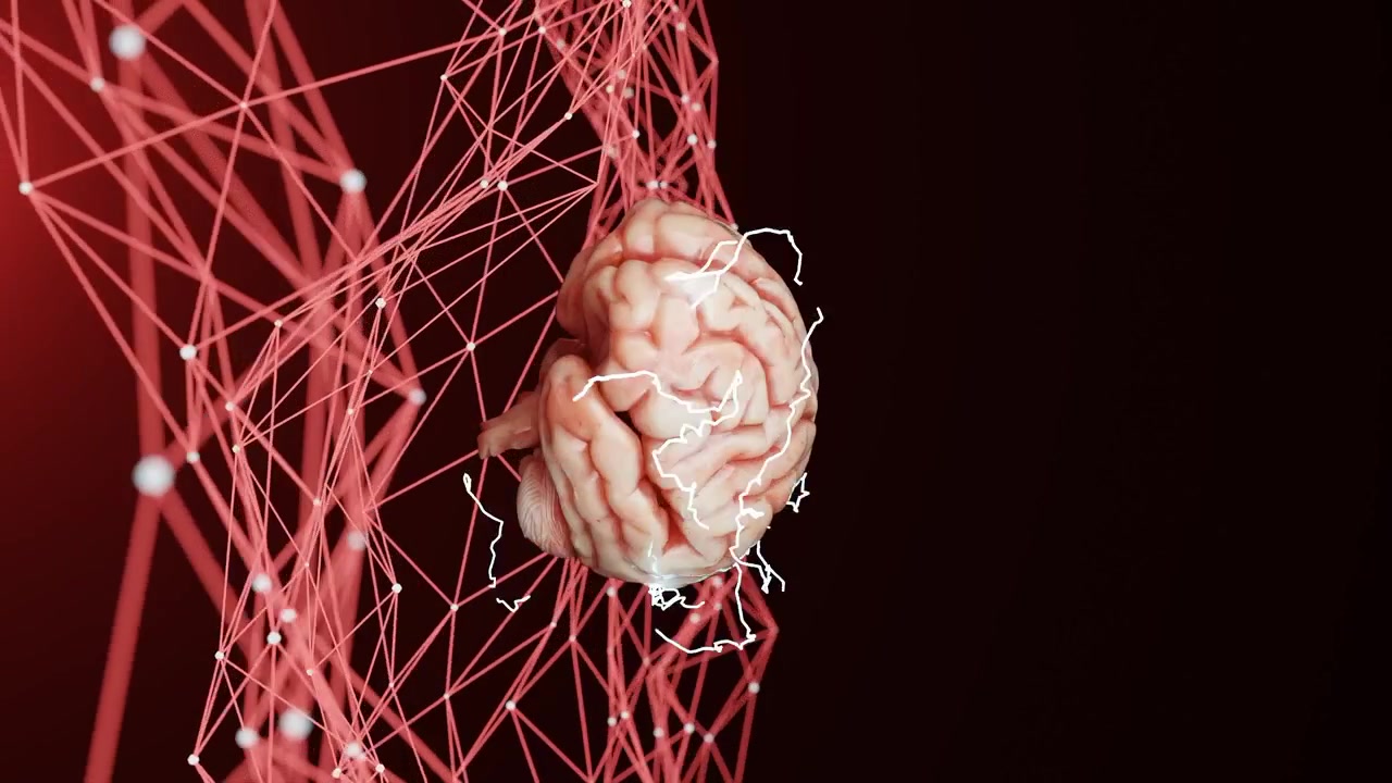 Menneskehjerne som svever over et digitalt nettverk av glødende røde forbindelser på en mørk bakgrunn. Abstrakt fremstilling av kunstig intelligens, nevrovitenskap. 3D-gjengivelse med vertikal tekstplass