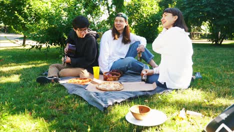 친구 들 이 기타 를 연주 하는 동안 공원 에서 피크닉 을 즐기고 있다