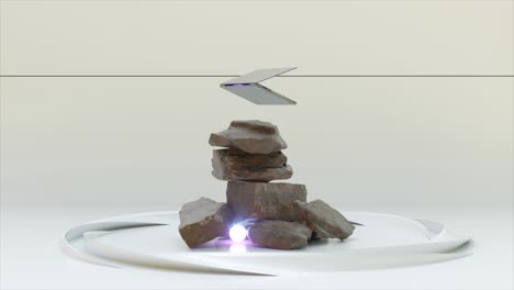 renderizado en 3d de rocas apiladas y placas metálicas flotantes