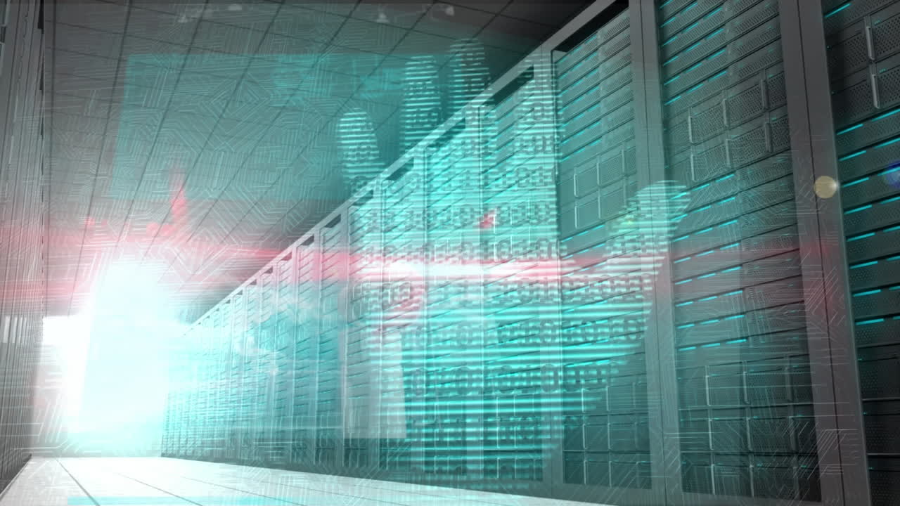 animación del procesamiento de datos a través de servidores de huellas manuales y computadoras