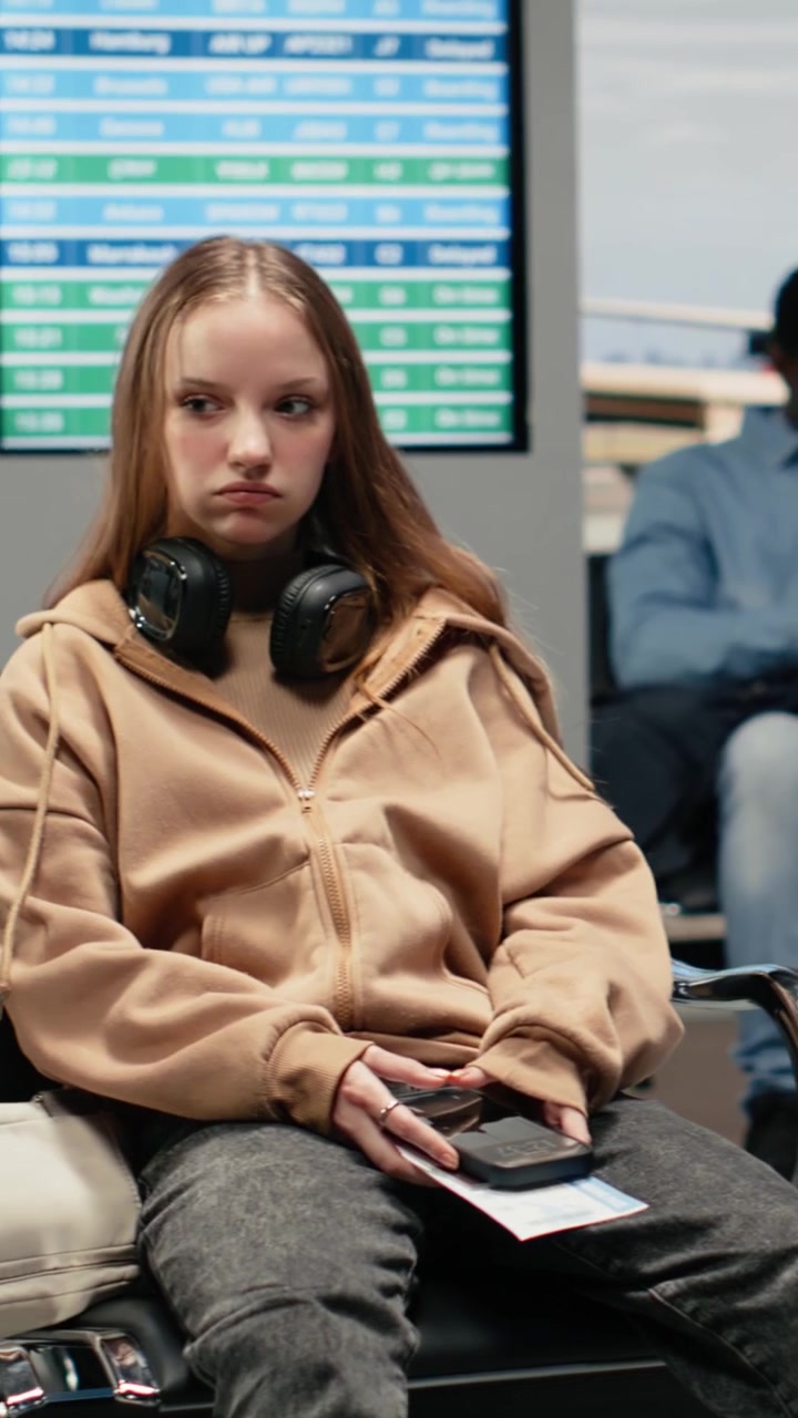 Vertical video Waiting for airport checkin, airplane ticket and young woman in lounge