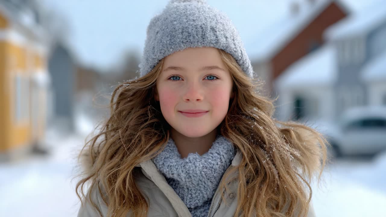 Charming Young Girl in a Winter Wonderland: Embracing the Joys of Snowy Days with a Bright Smile and Cozy Winter Attire at a Frosty Landscape
