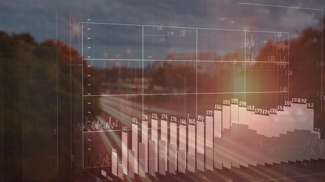 Animation of data processing and diagrams over cityscape