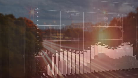 animación del procesamiento de datos y diagramas sobre el paisaje urbano.