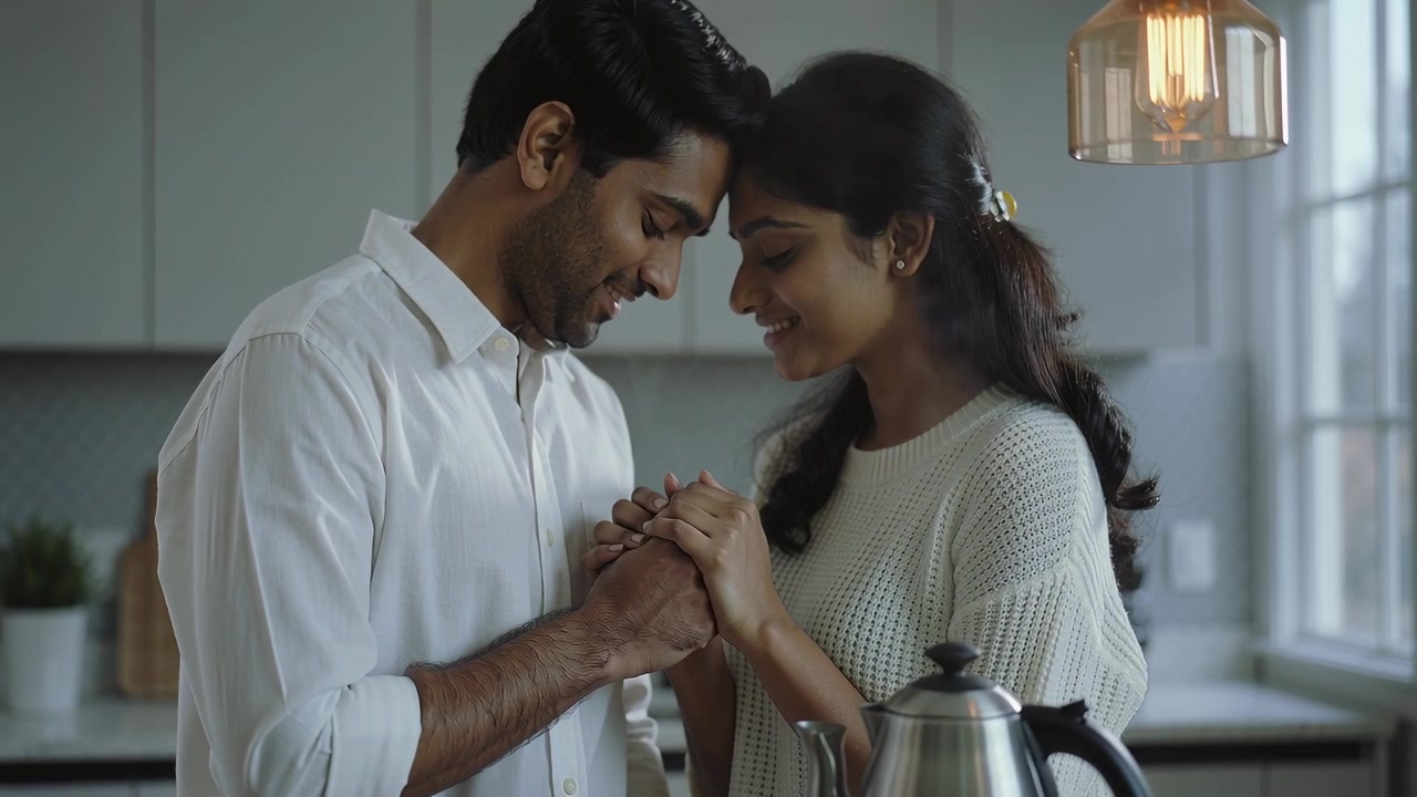 Making eye contact couple clasping at counter near kettle, white shirt, cream sweater sharing love