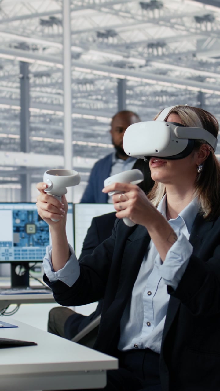 Vertical video Using VR glasses equipment, PCB layout analysis and woman in RD office