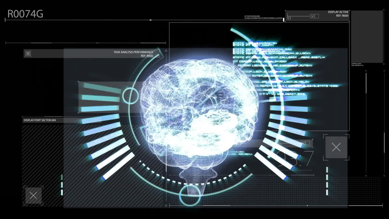 Animation of digital brain hologram with futuristic data interface elements