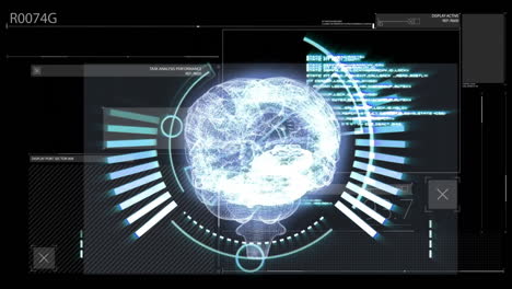 animation of digital brain hologram with futuristic data interface elements