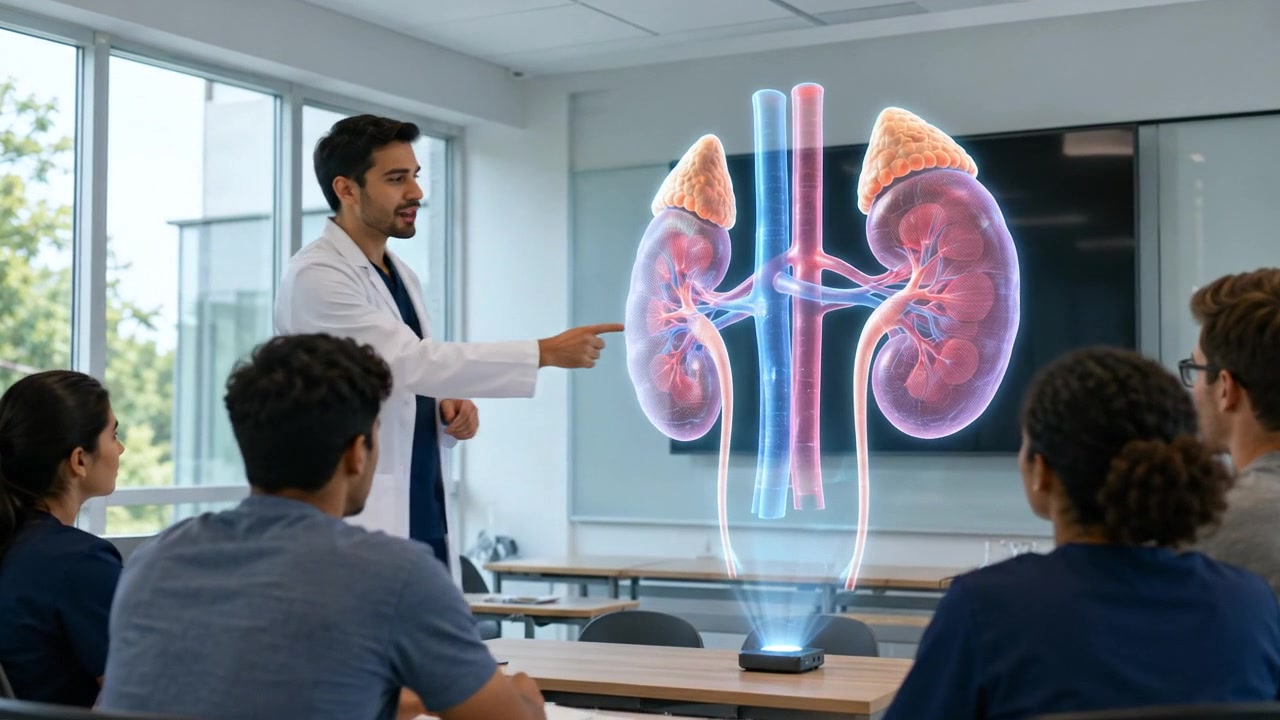 Medical instructor presenting holographic kidneys and urinary system to seated students