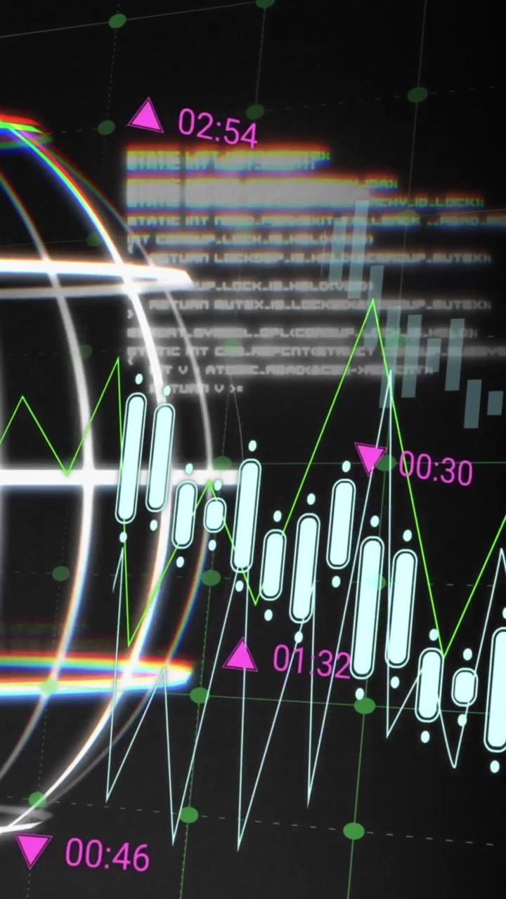 Animation of data, graphs and globe on black background