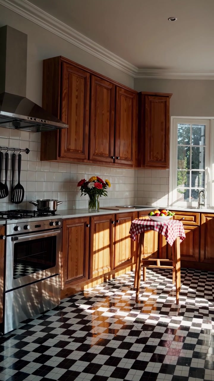 Interno cucina luminoso con mobili in legno e pavimento a scacchi
