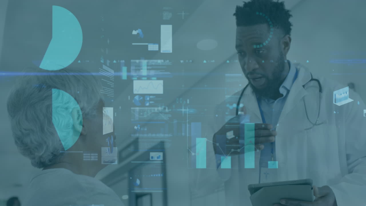 Animation of data processing over diverse male doctor