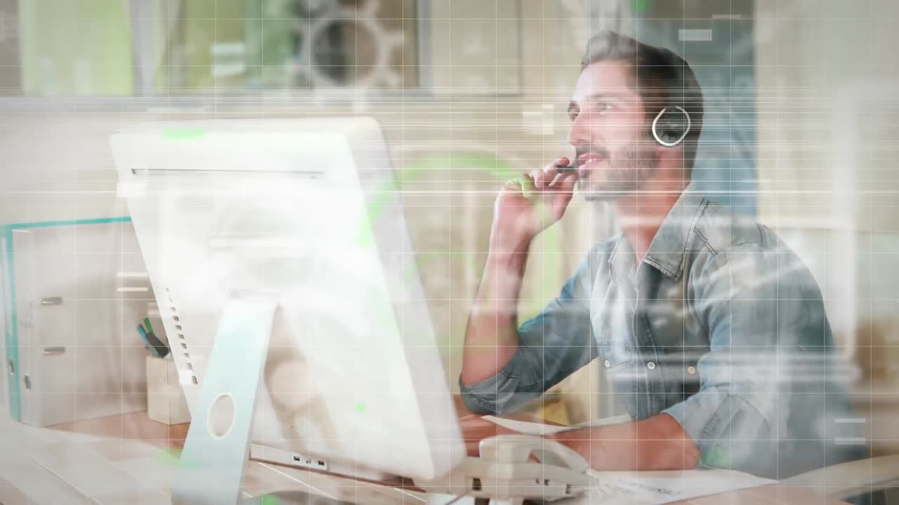 Animation of data processing over businessman using computer