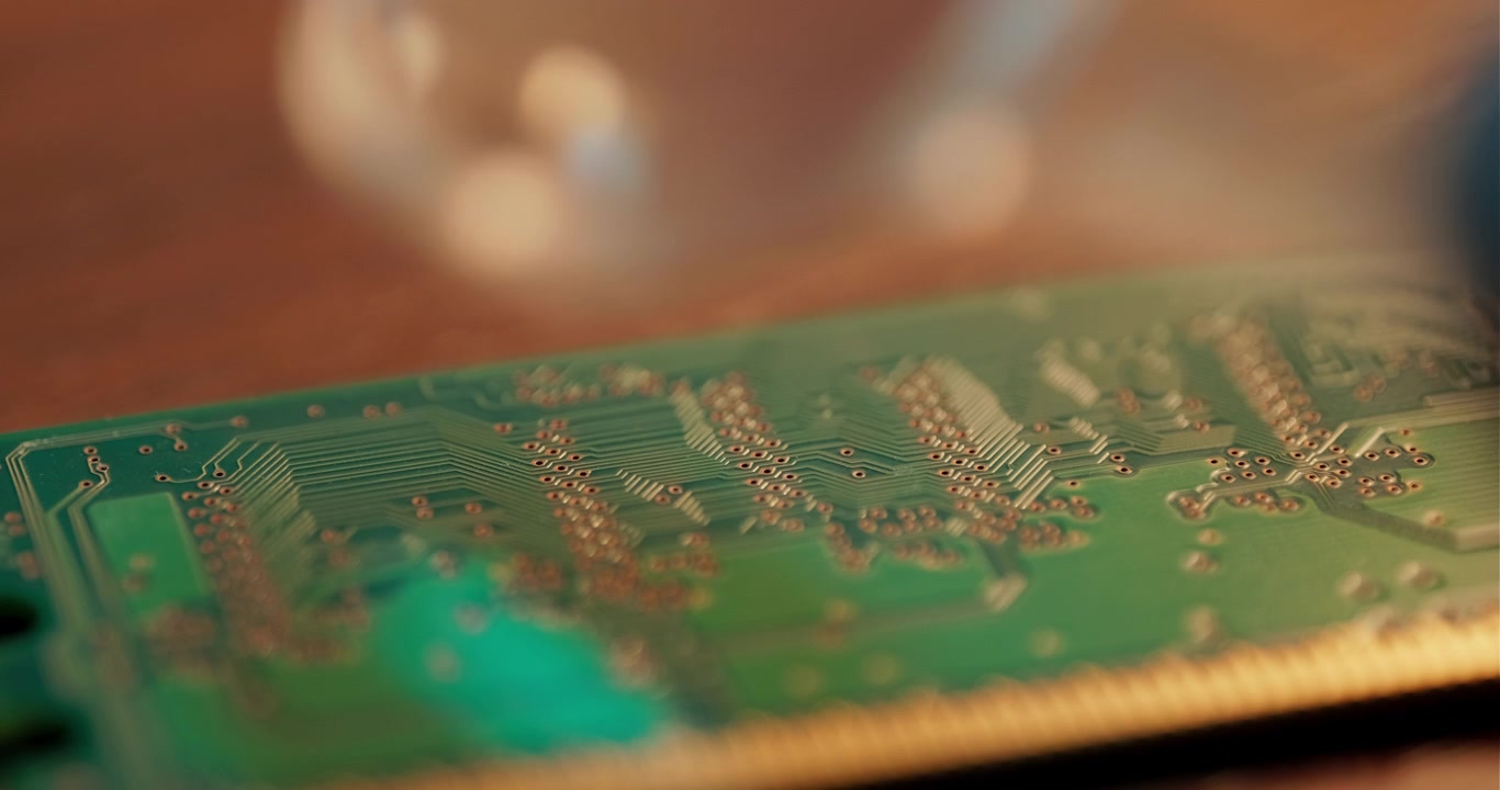 Macro shot of a technician or engineer examining electronic components and circuits on a green motherboard with a magnifying glass for quality control or repair.