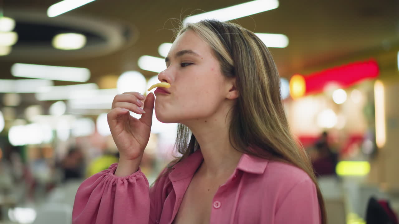 White lady in pink dress seated in restaurant playfully places potato chip on her upper lips, then removes it with a smile, with soft blur lights and vibrant colors from the restaurant