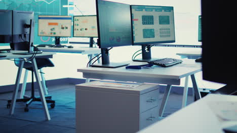 empty telecommunications control room with workstations