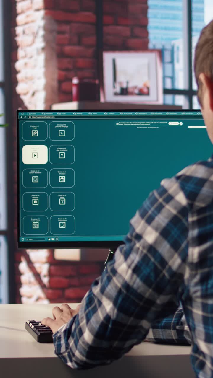 Vertical video Man looking at tutorial on mockup tablet to learn how to use text to video AI