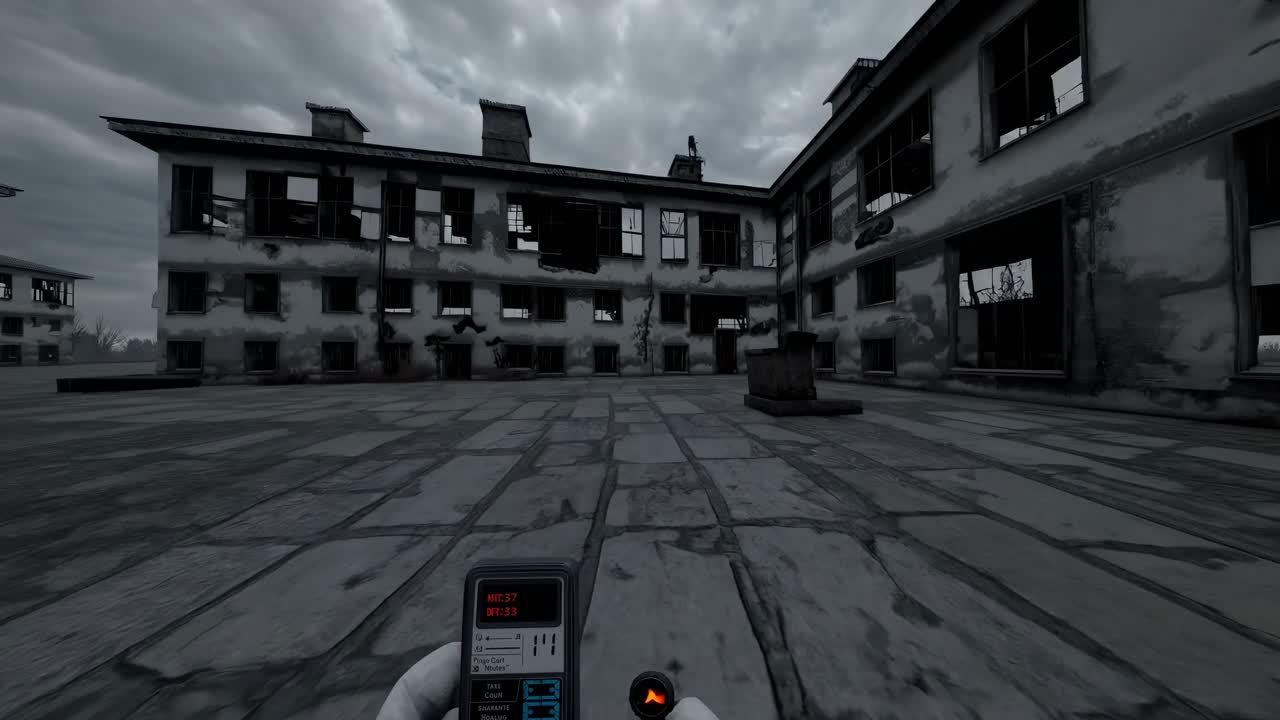 First-person video game style, low-angle shot of a desolate, overcast landscape with vehicles