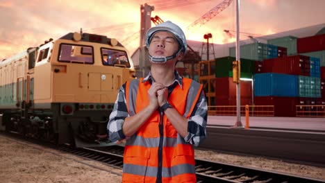 worker praying at port with train background