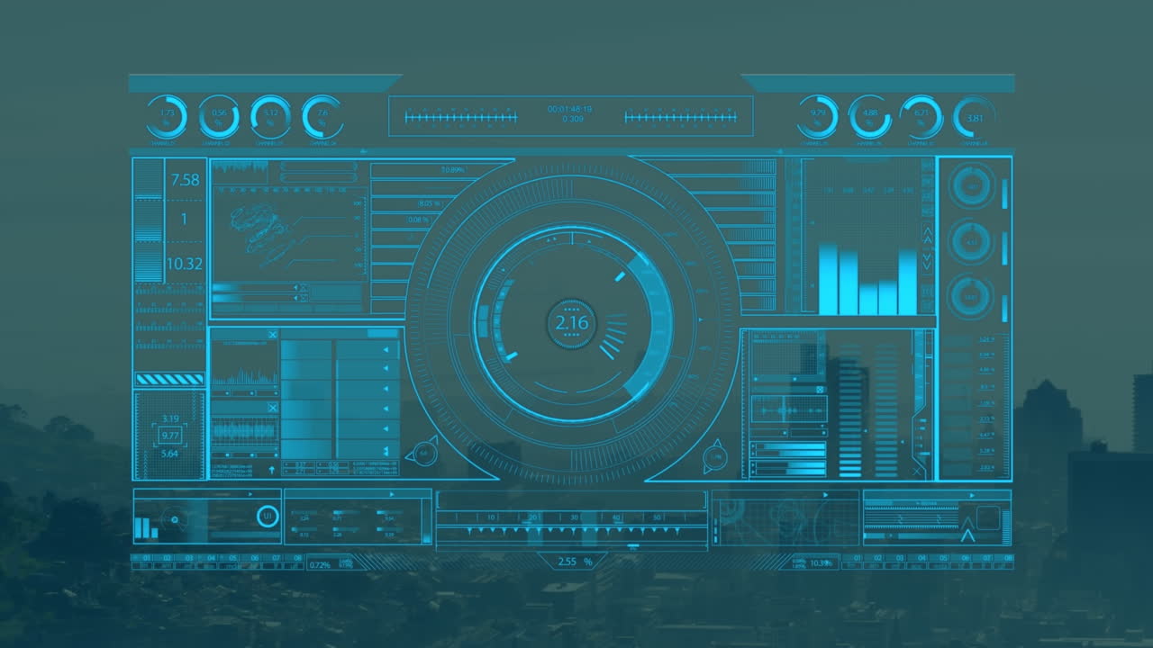 Animation of graphical interface screen representing scanning and analyzing of data over cityscape