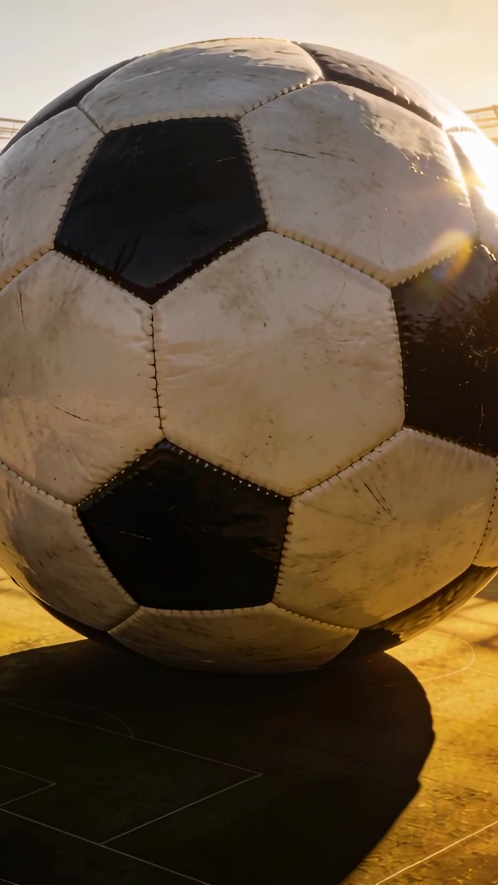 Video vertical: La cámara se aleja revelando un balón blanco y negro desgastado en un estadio, mostrando rasguños y luz.