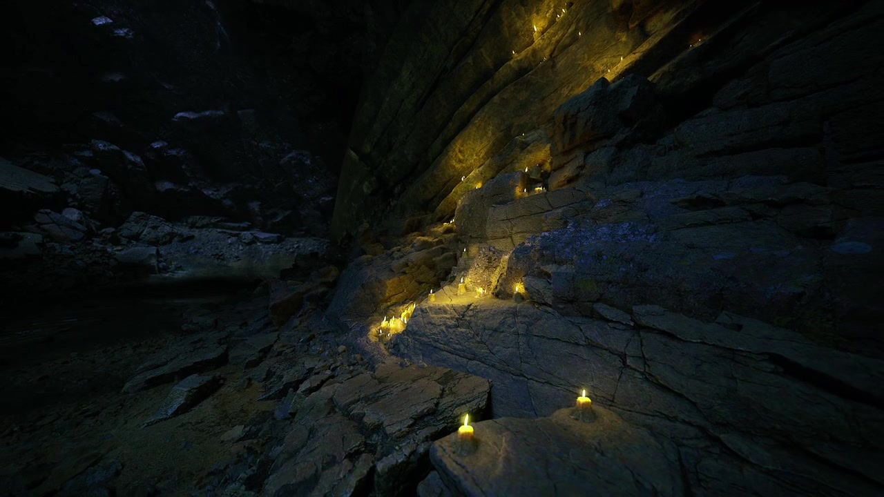 Gentle fire stream lights up dark cavern walls softly tonight