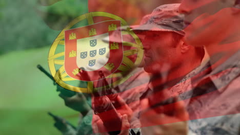 animation of flag of portugal waving over caucasian soldiers