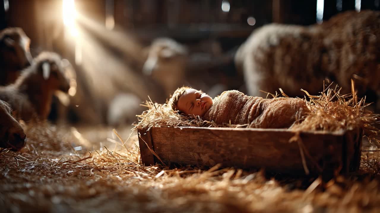 A Peaceful Baby Nestled in Straw Surrounded by Curiously Grazing Sheep in a Softly Lit Barn