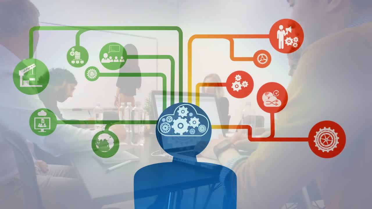 비즈니스 사람들 위에 클라우드 및 디지털 아이콘의 애니메이션