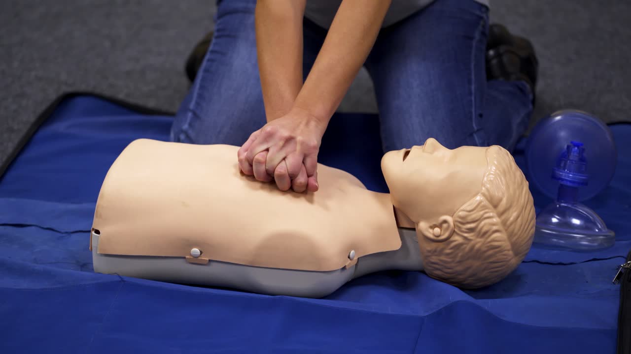 Training dummy used by paramedic trainees. Special dolls for medical traynings. Medical concept video.