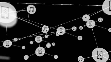 Animation-Von-Mobiltelefon--Und-Musiknotensymbolen,-Die-Mit-Linien-Auf-Schwarzem-Hintergrund-Verbunden-Sind