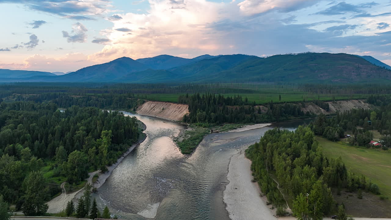 Remote Road Bridge Near Camping Site Through The River At Sunset. Hyperlapse