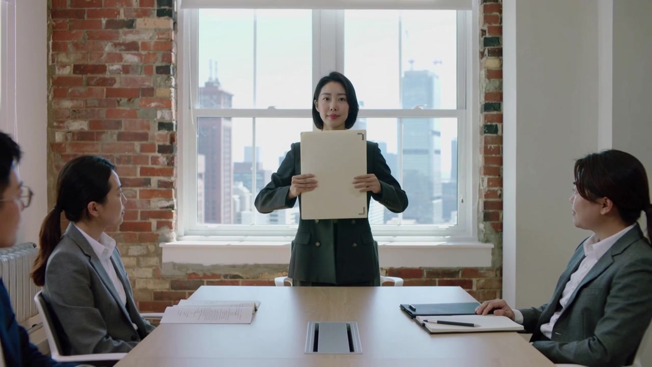 Lifting presenter wearing dark suit white blouse turning white folder to show colleagues in office