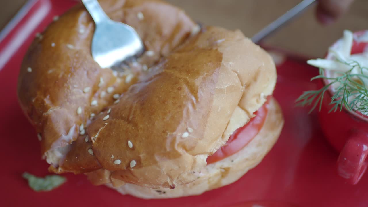 맛있는 햄버거의 클로즈업