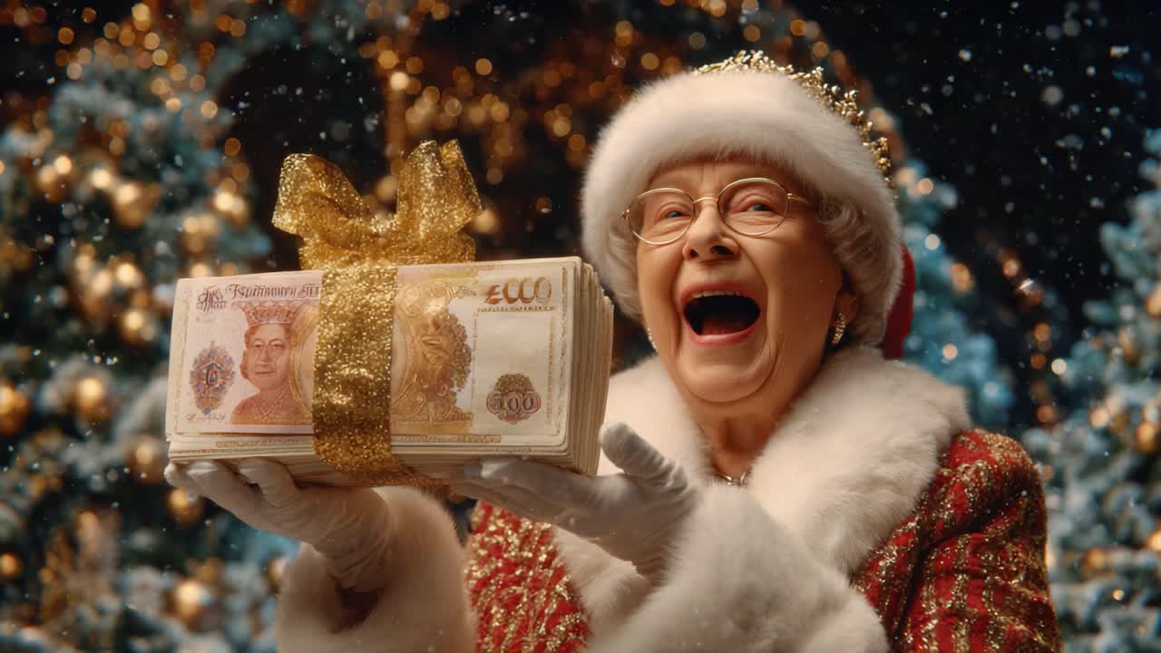 Joyful Celebration of Abundance: An Enthusiastic Elderly Woman Dressed in Festive Attire Holds a Generous Stack of Money Surrounded by Sparkling Holiday Decor