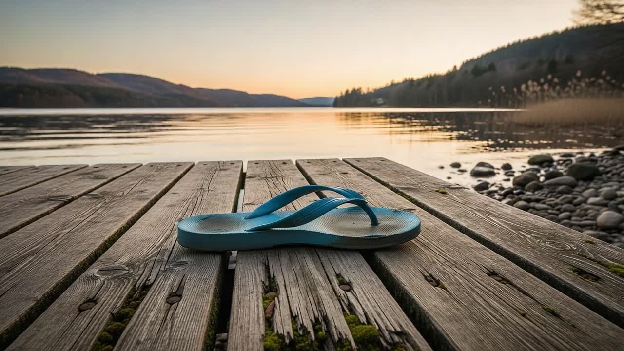 En fredfyldt solnedgang over vand med en strandklipklap, der hviler på en træmole, hvilket understreger afslapning og ro i naturens skønhed