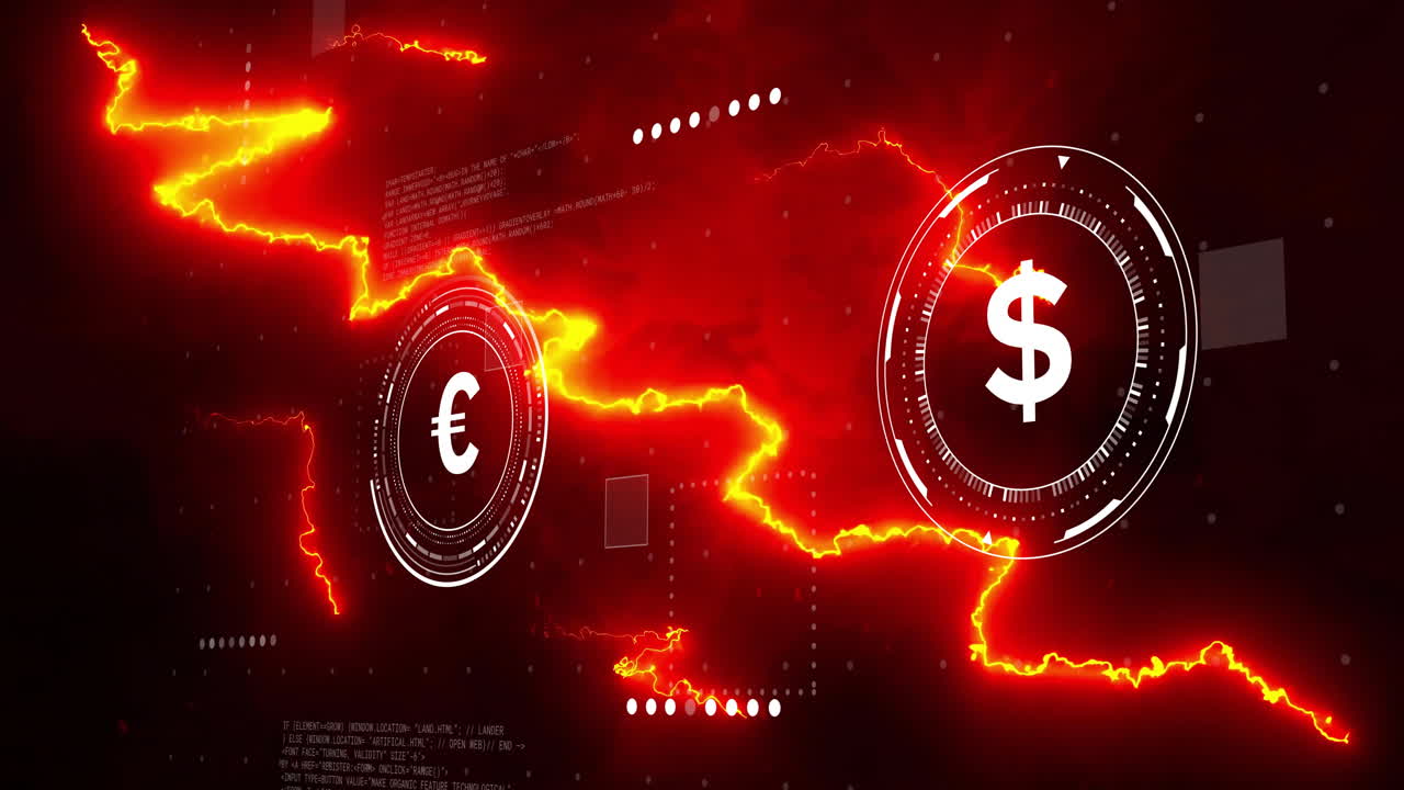 Euro to dollar currency exchange animation with digital effects and red lightning